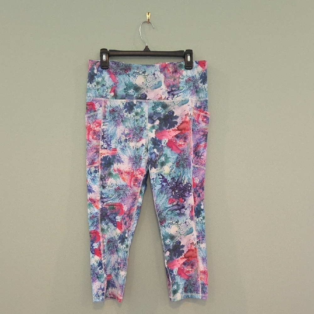 RBX Woman's Blue and Pink Floral Watercolor Leggings High Waist Stretch